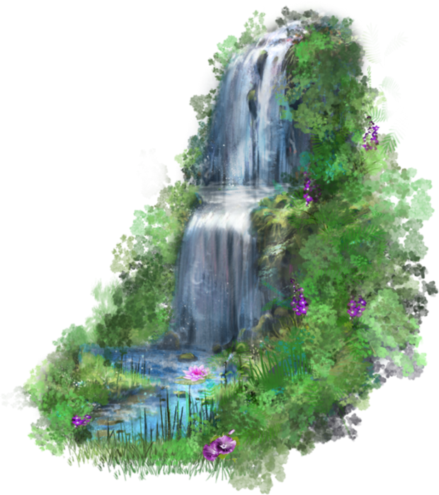 A Waterfall With A Stream And Flowers