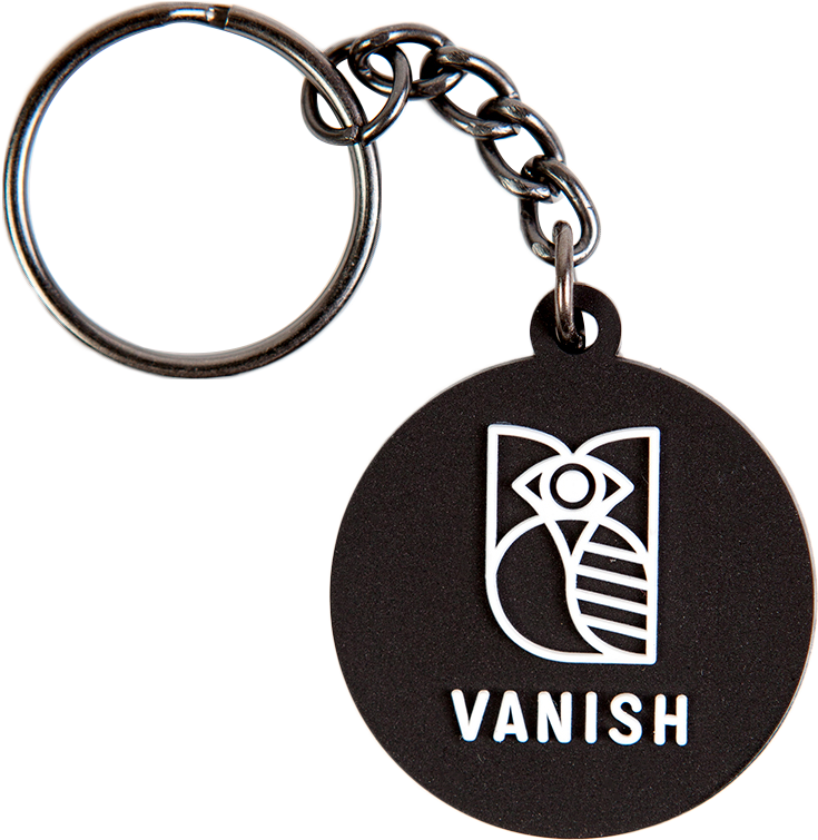 A Black Key Chain With A White Logo On It