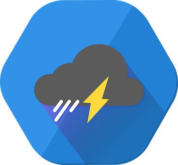 A Blue Hexagon With A Black Background And A Black And White Cloud With Lightning