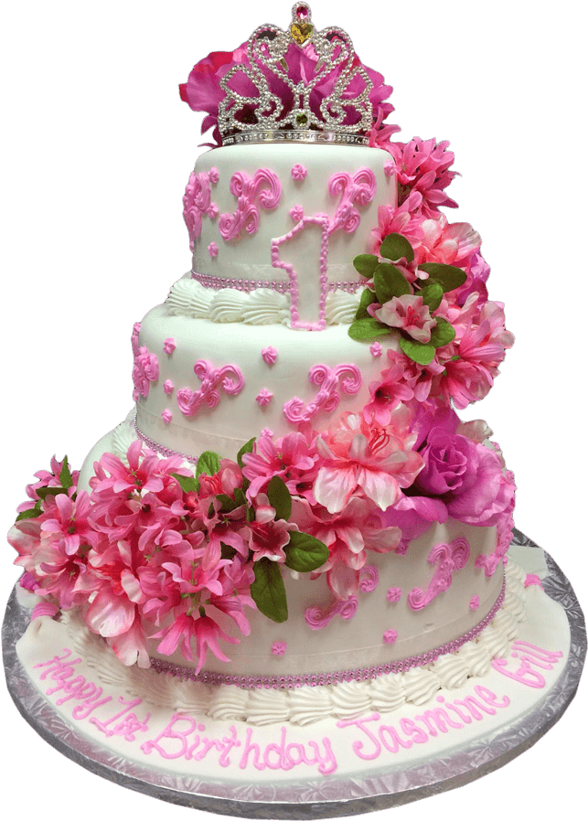 A Cake With Pink Flowers And A Crown
