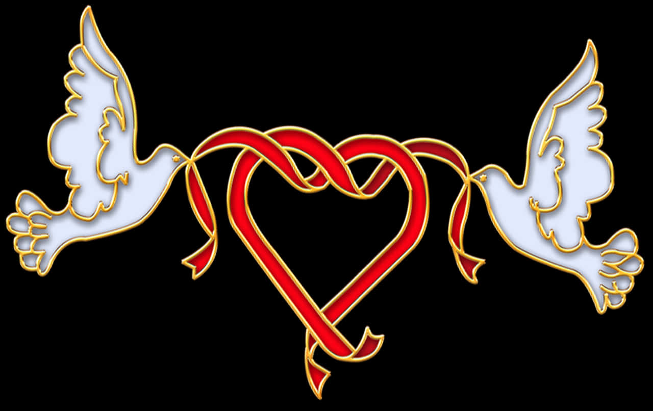 A Heart With Two White Doves And A Red Ribbon