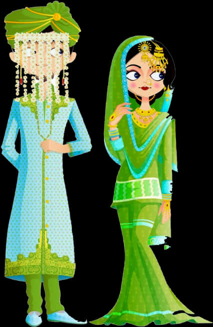 A Couple Of Cartoon People Wearing Traditional Indian Clothes