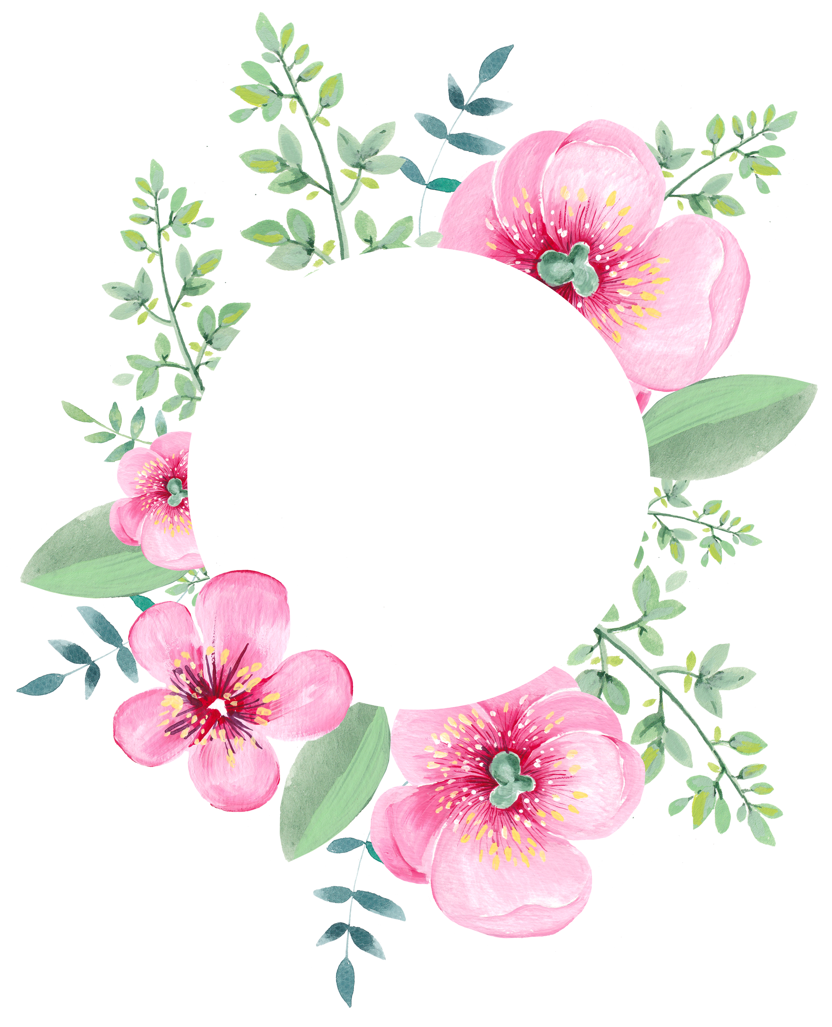 A White Circle With Pink Flowers And Green Leaves