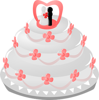 A White Cake With Pink Flowers And A Couple Of Figures On Top