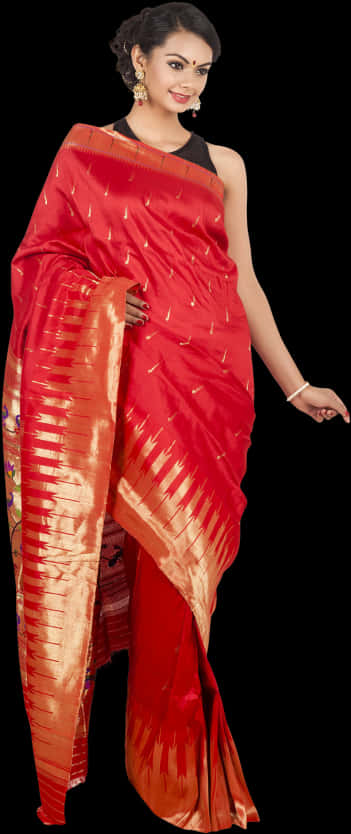A Woman Wearing A Red And Gold Dress
