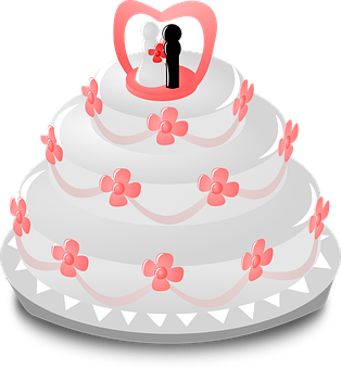 A White Cake With Pink Flowers And A Couple Of Figures On Top