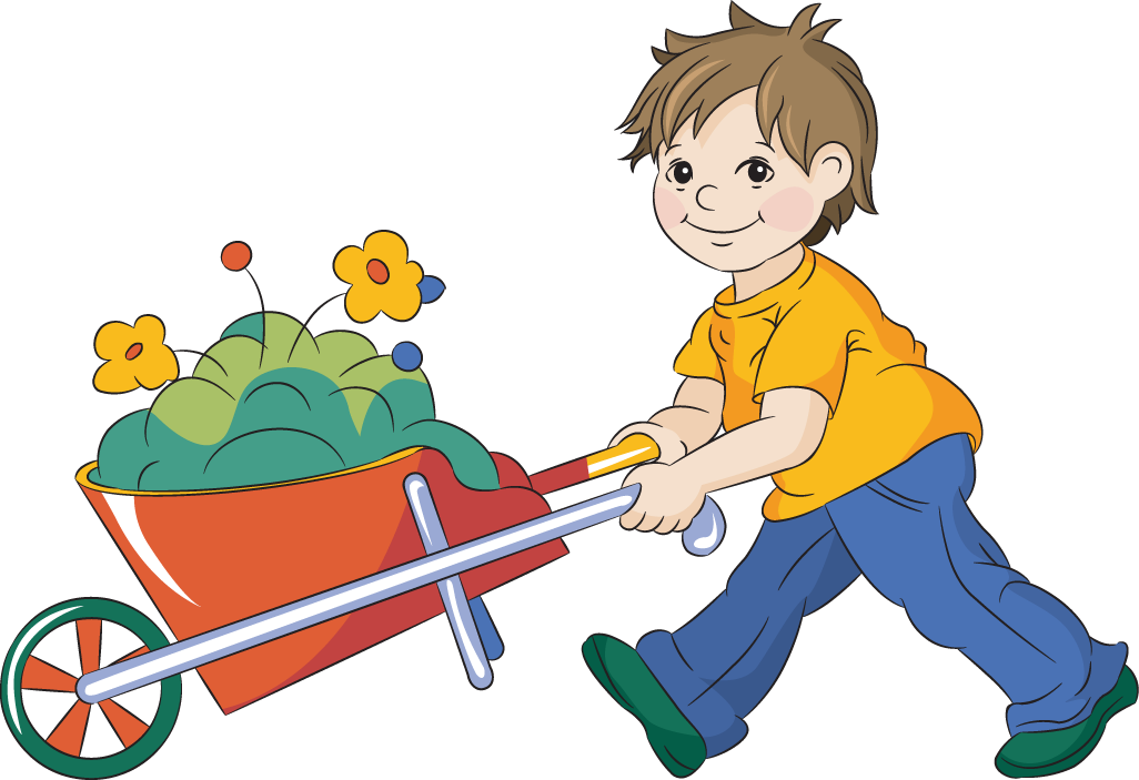 A Cartoon Of A Boy Pushing A Wheelbarrow