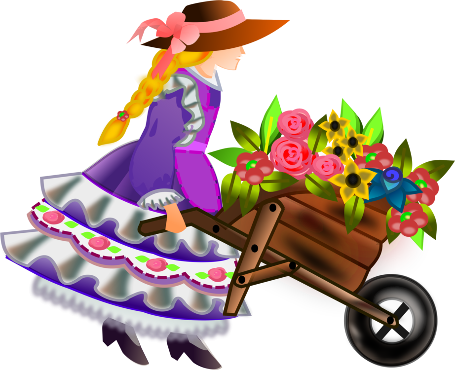 A Cartoon Of A Girl Pushing A Wheelbarrow Full Of Flowers