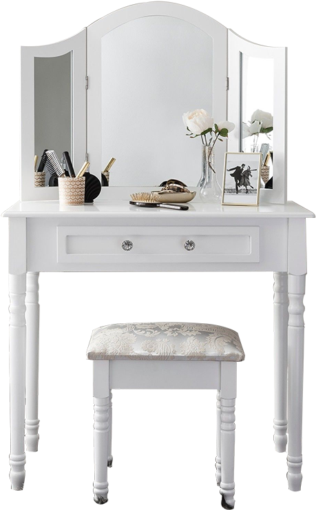 A White Vanity With A Mirror And A Flower Vase On Top
