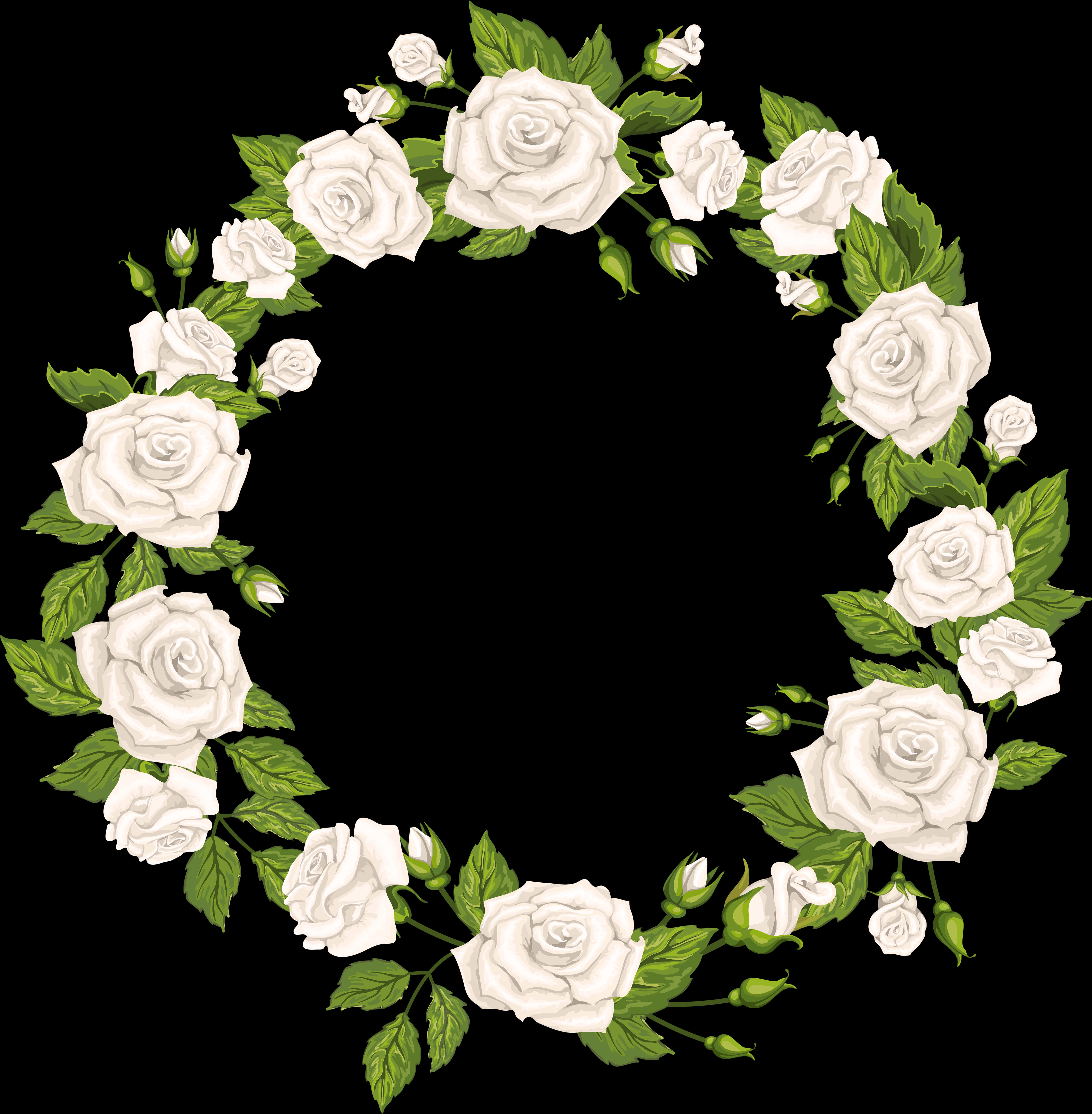 A Wreath Of White Roses And Green Leaves