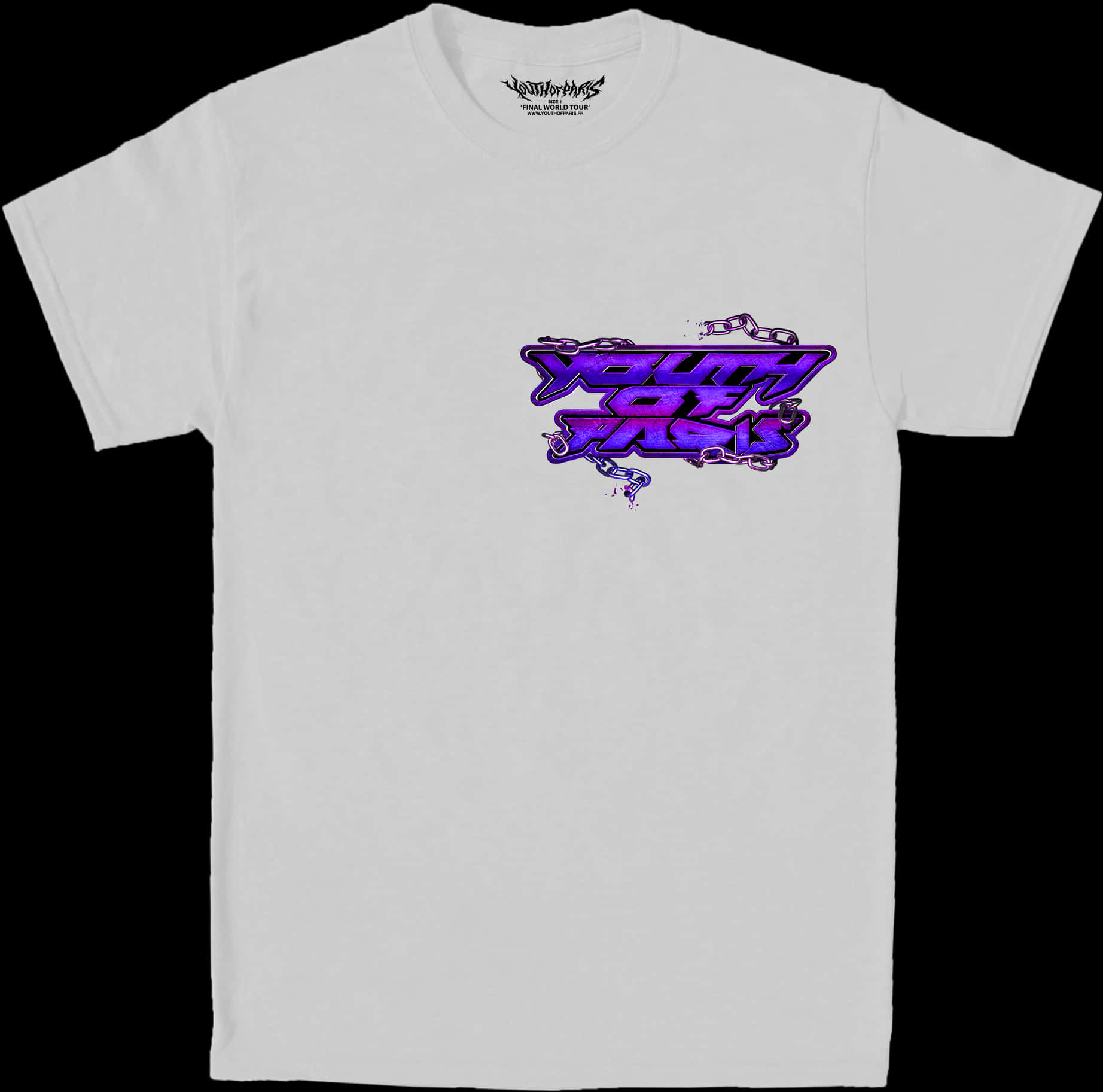 A White T-shirt With Purple Text