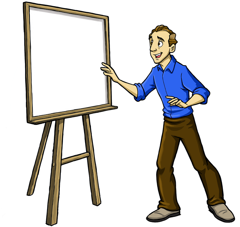 A Cartoon Of A Man Pointing At A White Board
