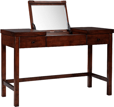 A Wooden Desk With A Mirror