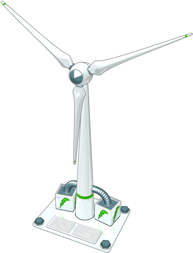 A White Wind Turbine With Green Accents