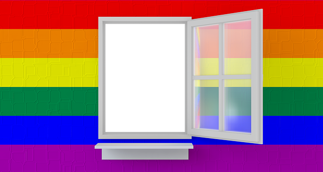 A Window With A Rainbow Flag Behind It
