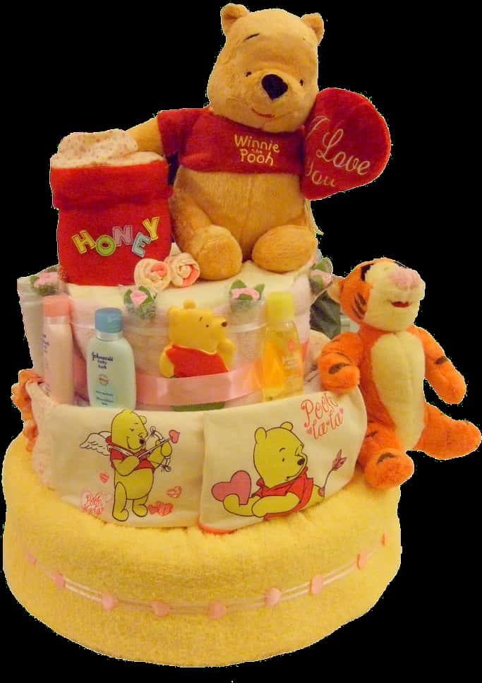 A Diaper Cake With Stuffed Animals