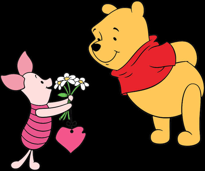 Cartoon Characters Of A Piglet Giving Flowers To A Cartoon Character
