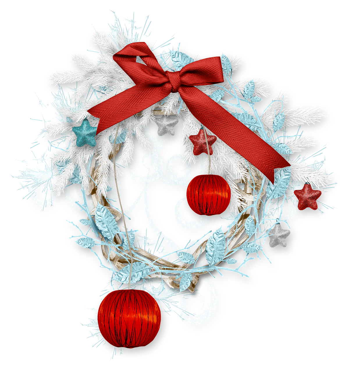 A White Wreath With Red Ribbon And Stars