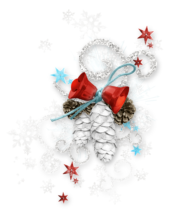 A White Pinecones With Red Bells And Snowflakes