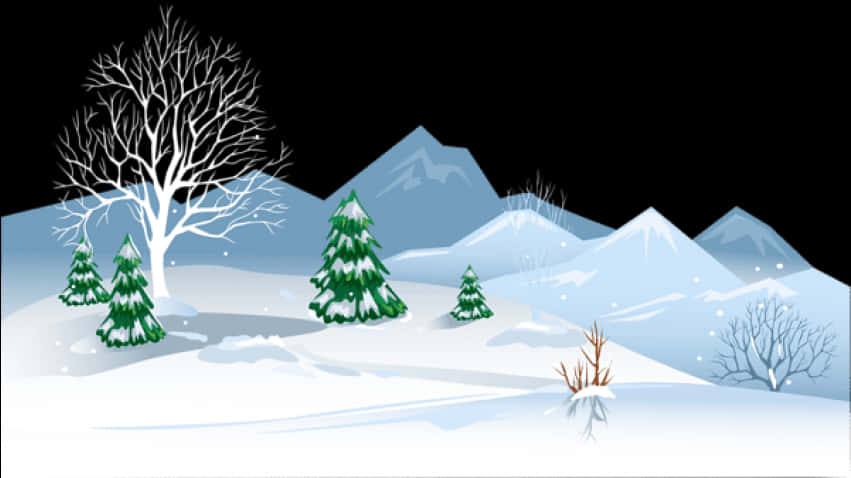 A Snowy Landscape With Trees And Mountains