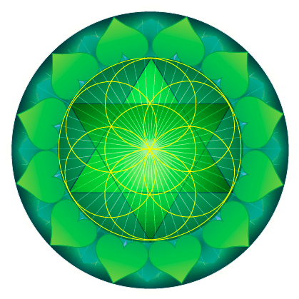 A Green And Yellow Mandala With Hearts