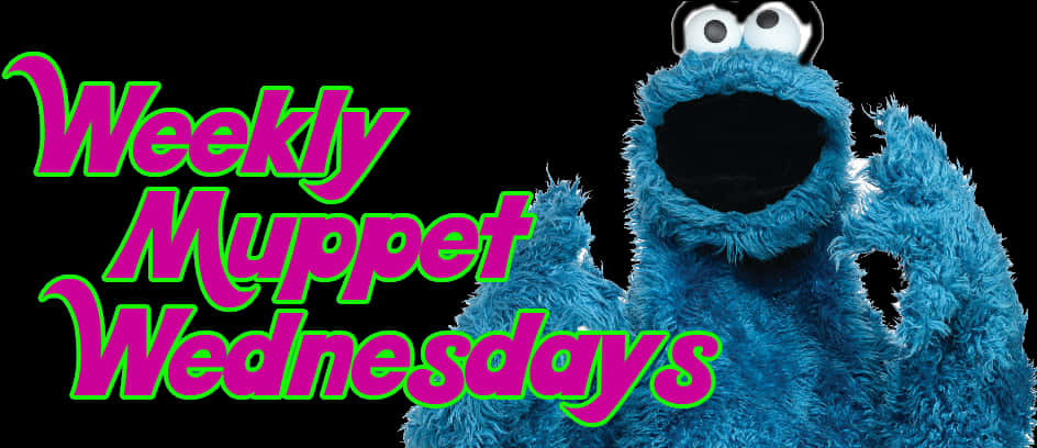 A Blue Puppet With Pink And Green Text