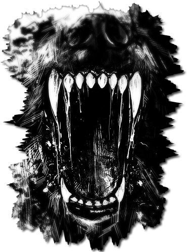 A Black And White Image Of A Wolf With Its Mouth Open
