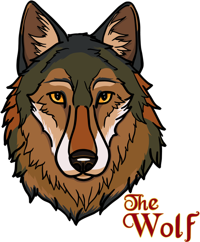 A Wolf Head With Yellow Eyes And Red Text