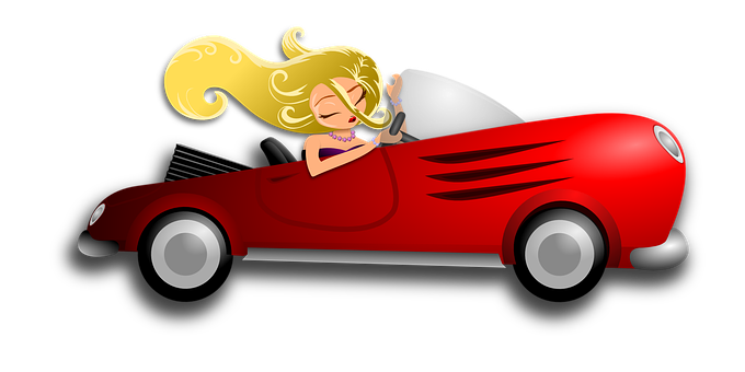 A Cartoon Of A Woman Driving A Red Convertible Car