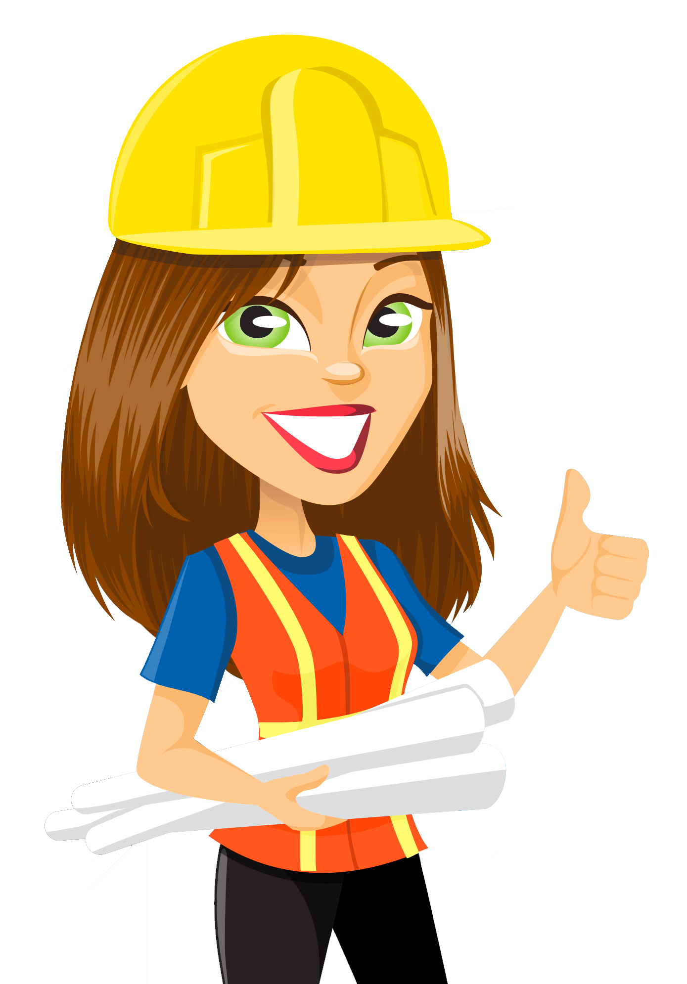 A Cartoon Of A Woman Wearing A Hard Hat And Holding Blueprints