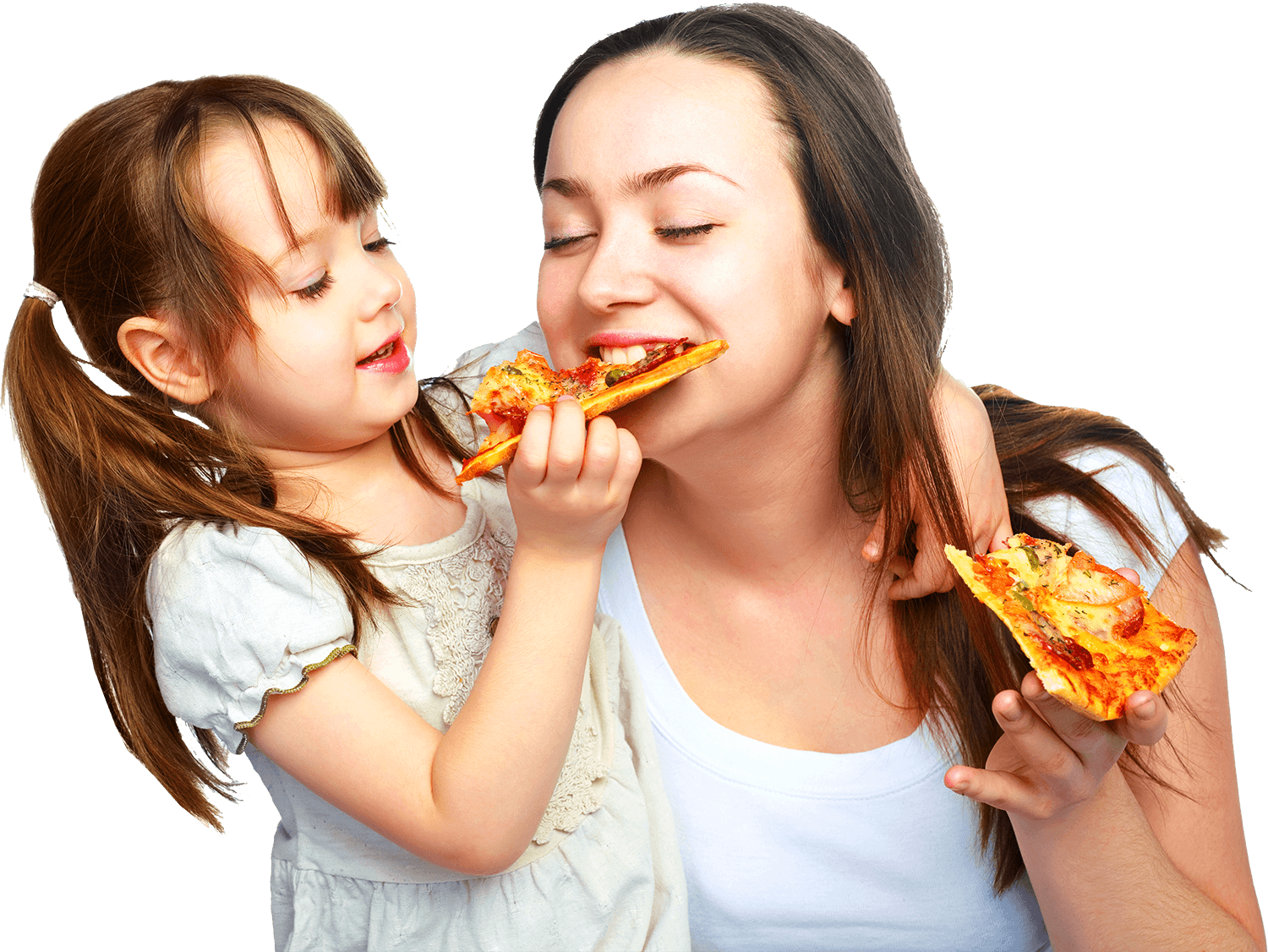 A Woman And A Girl Eating Pizza