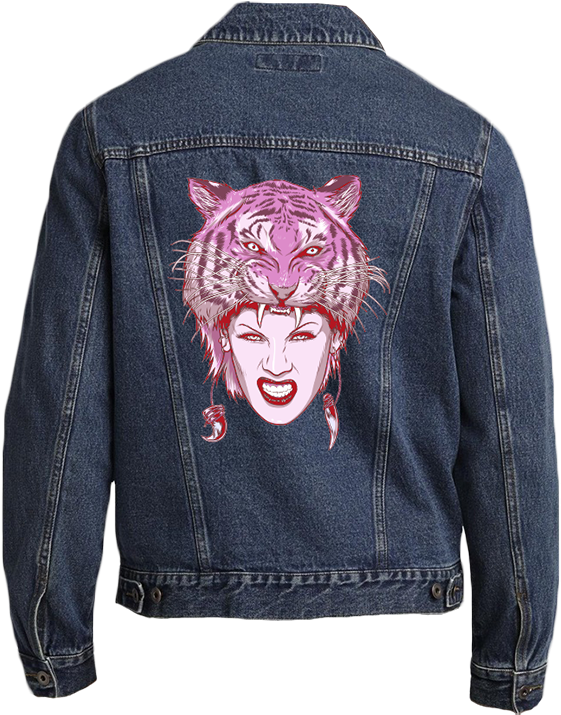 A Person Wearing A Denim Jacket With A Tiger Head On The Back