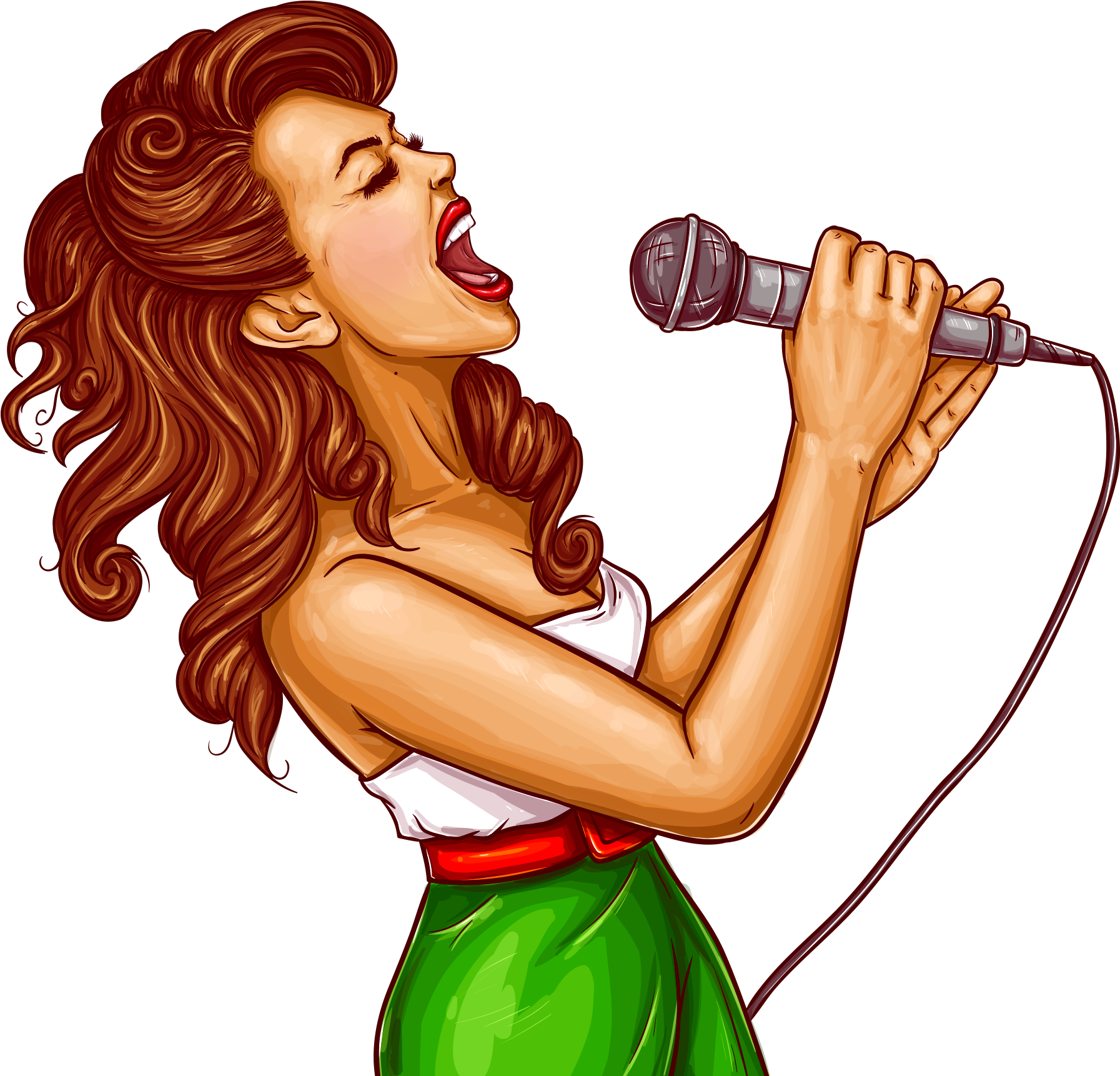 A Cartoon Of A Woman Singing Into A Microphone