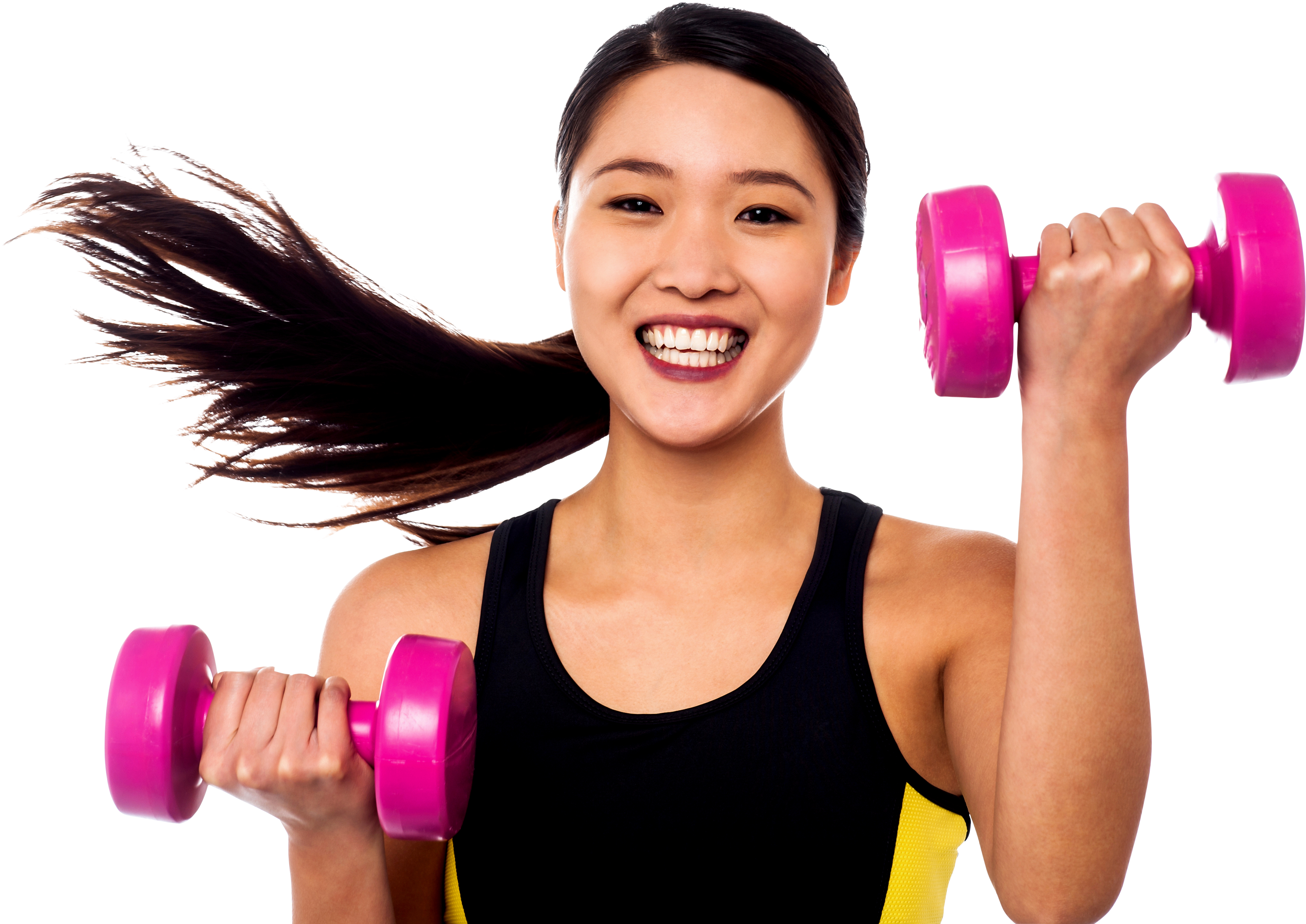 A Woman Lifting Weights With Her Hair Blowing In The Wind