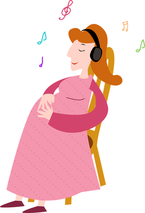 A Cartoon Of A Pregnant Woman Wearing Headphones