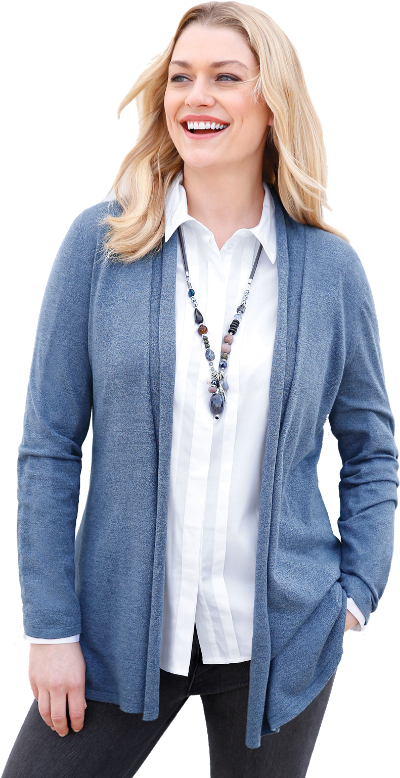 A Woman Wearing A Blue Cardigan And White Shirt