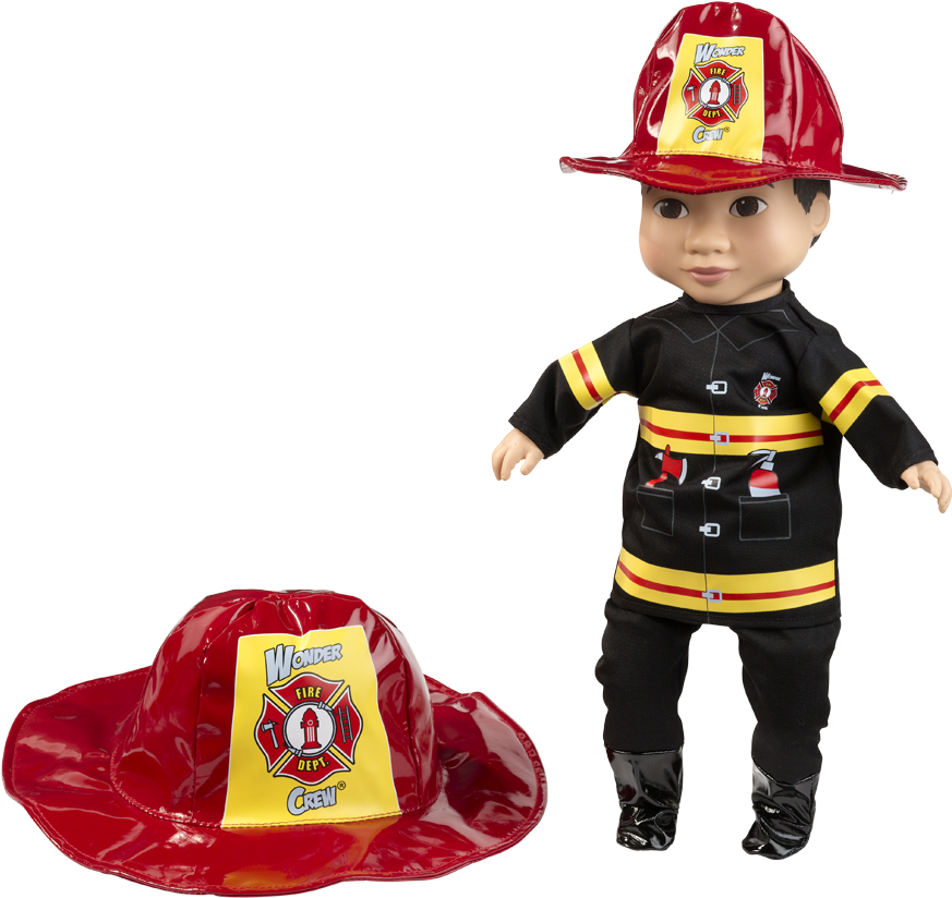 A Doll Wearing A Firefighter Outfit