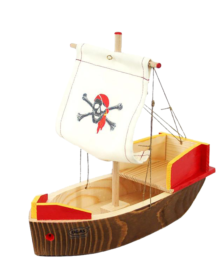 A Wooden Toy Boat With A White Sail And A Pirate Flag