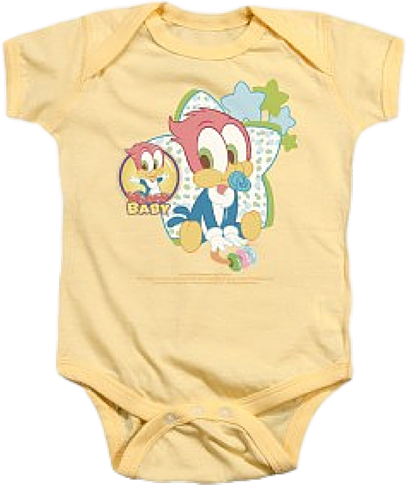 A Yellow Baby Bodysuit With Cartoon Birds On It