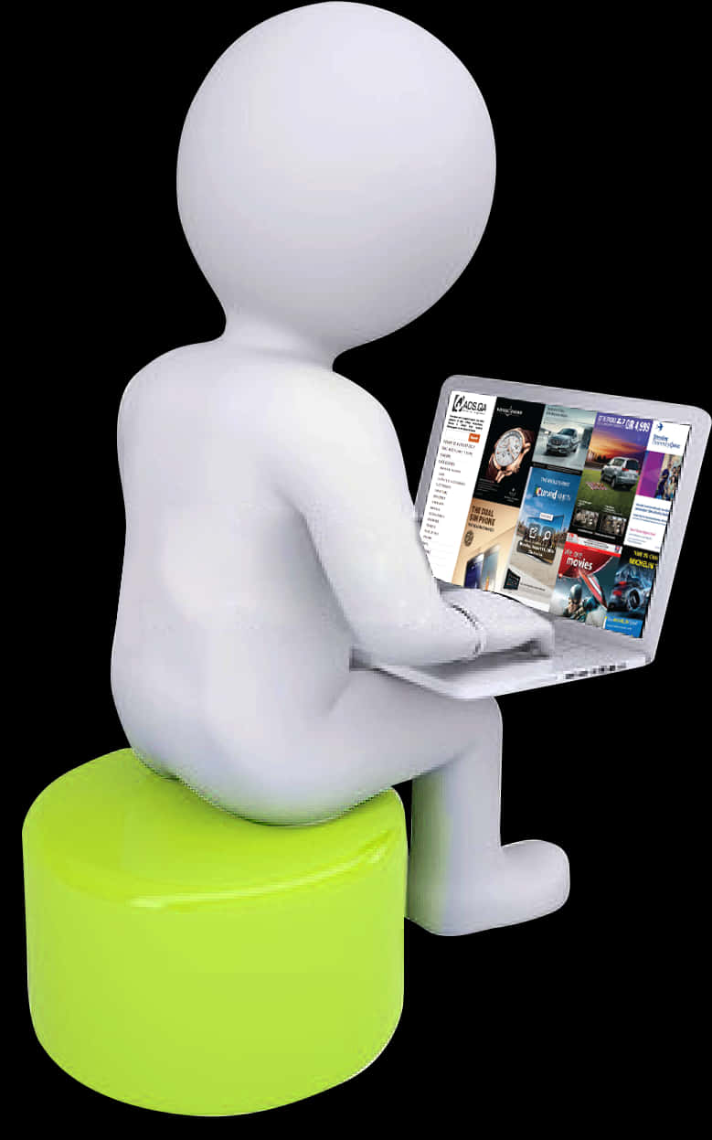 A White Figure Sitting On A Green Stool Using A Laptop