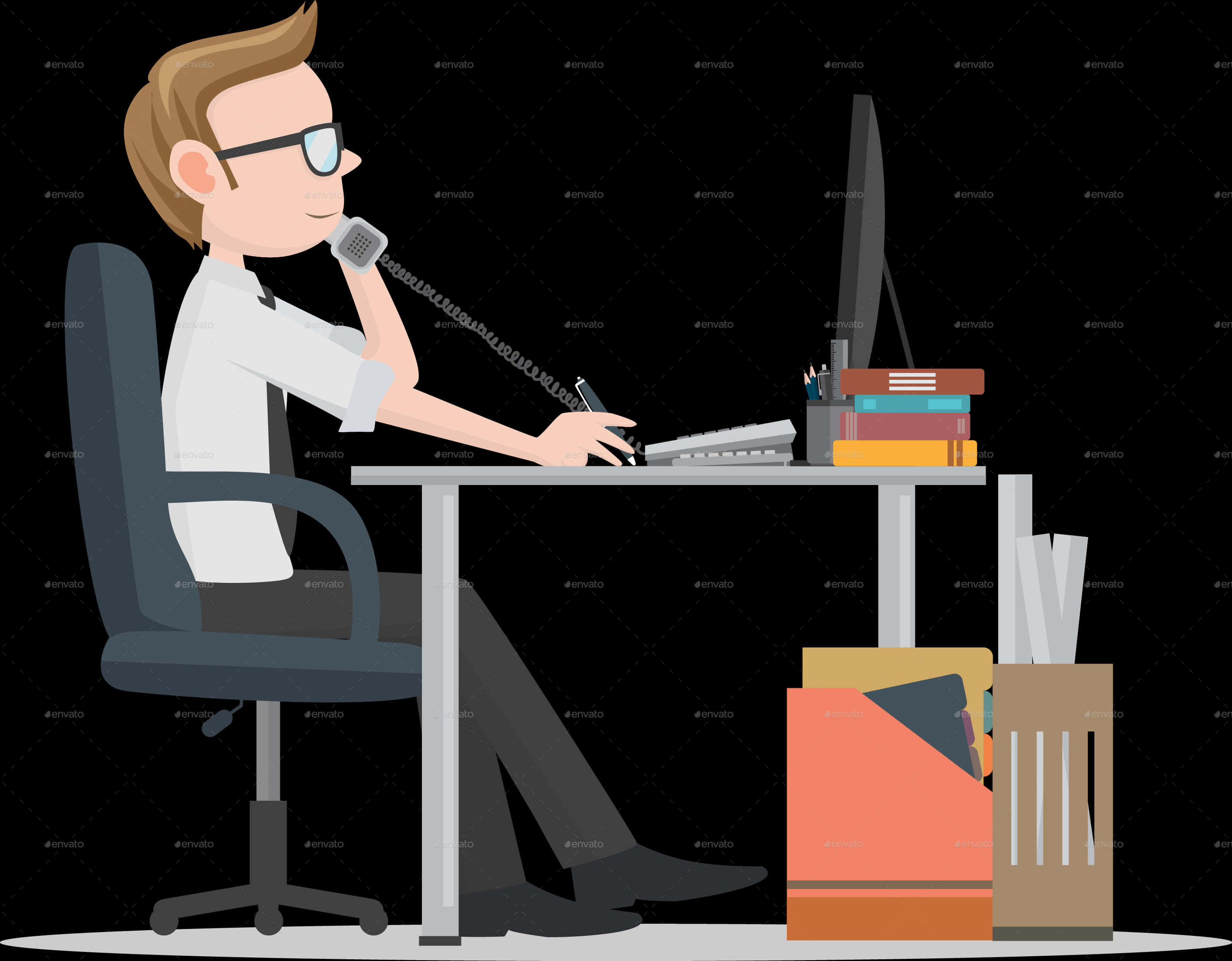 A Cartoon Of A Man Sitting At A Desk Talking On A Phone
