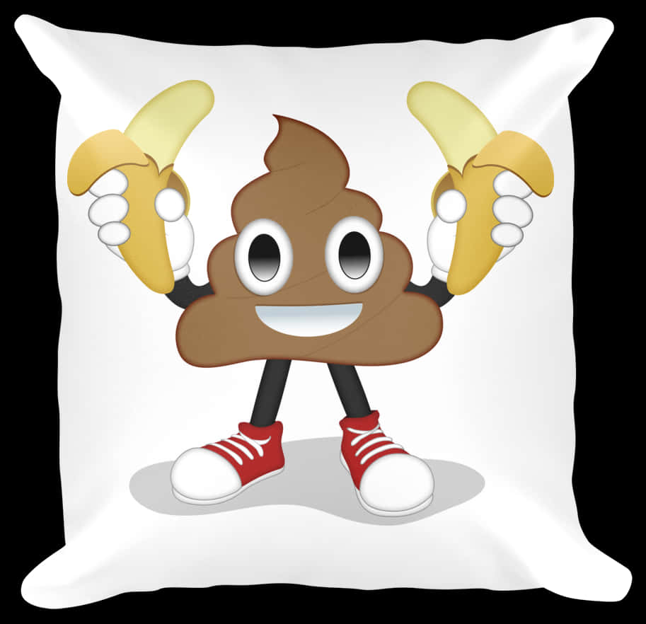 A Pillow With A Cartoon Poop Holding Bananas