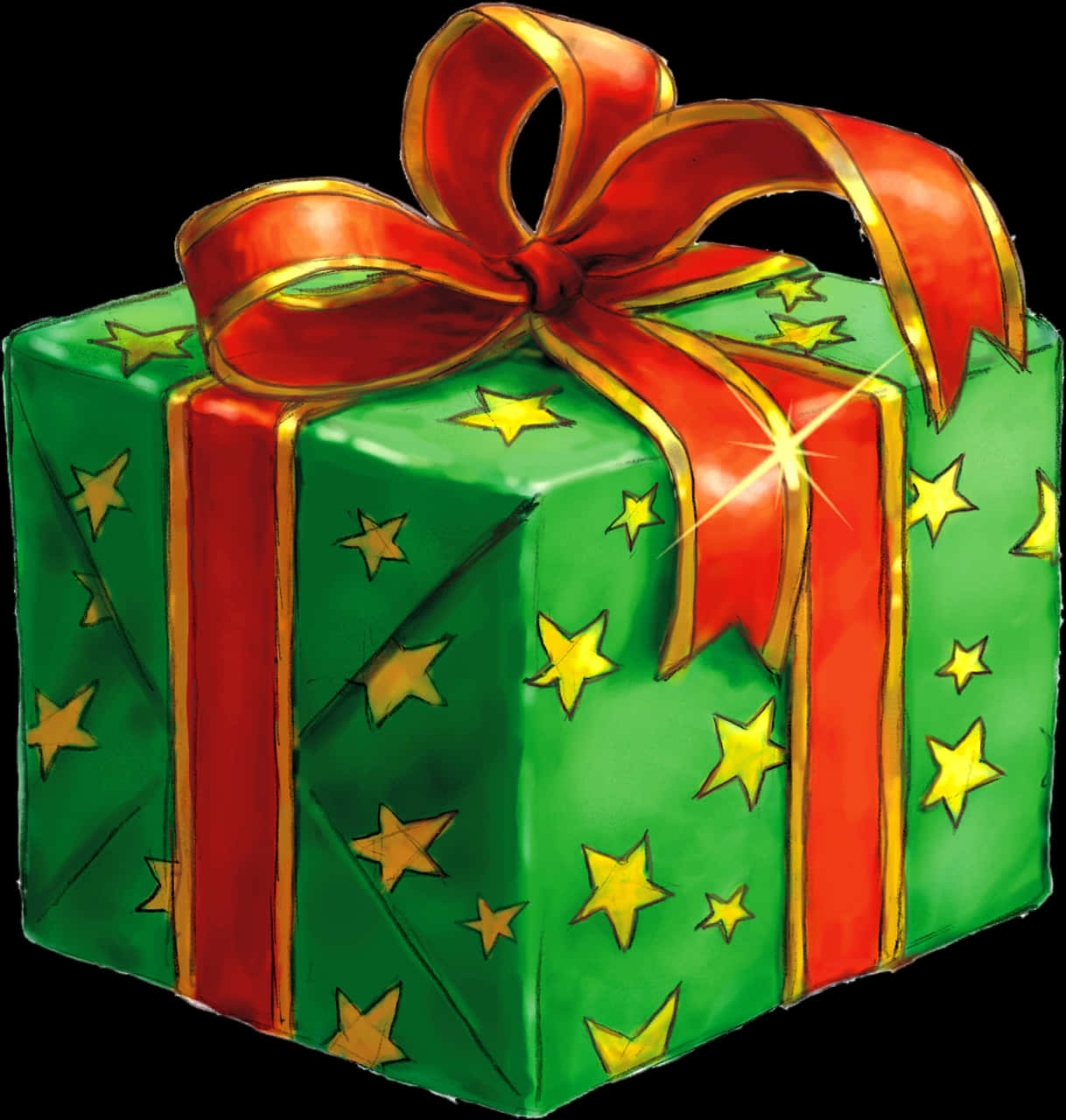A Green Wrapped Present With Red Ribbon And Gold Stars