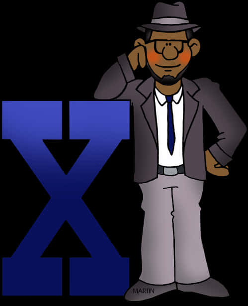 A Cartoon Of A Man Leaning On A Blue Letter