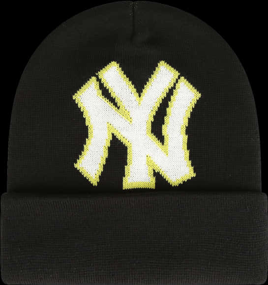 A Black Beanie With A White And Yellow Logo