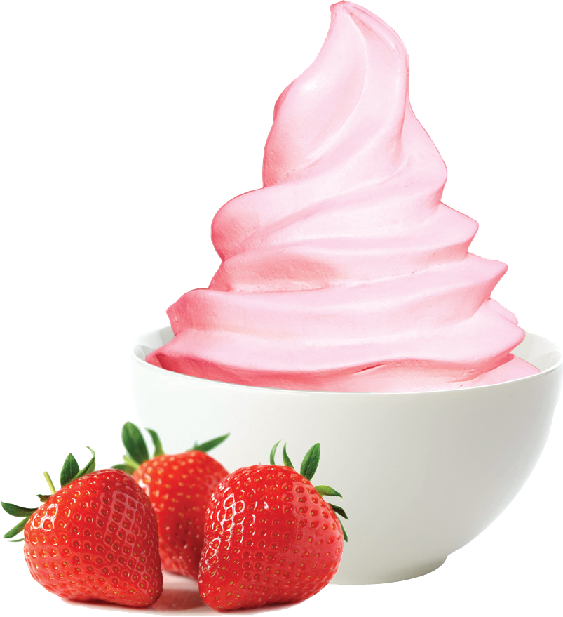A Bowl Of Pink Frozen Yogurt And Strawberries
