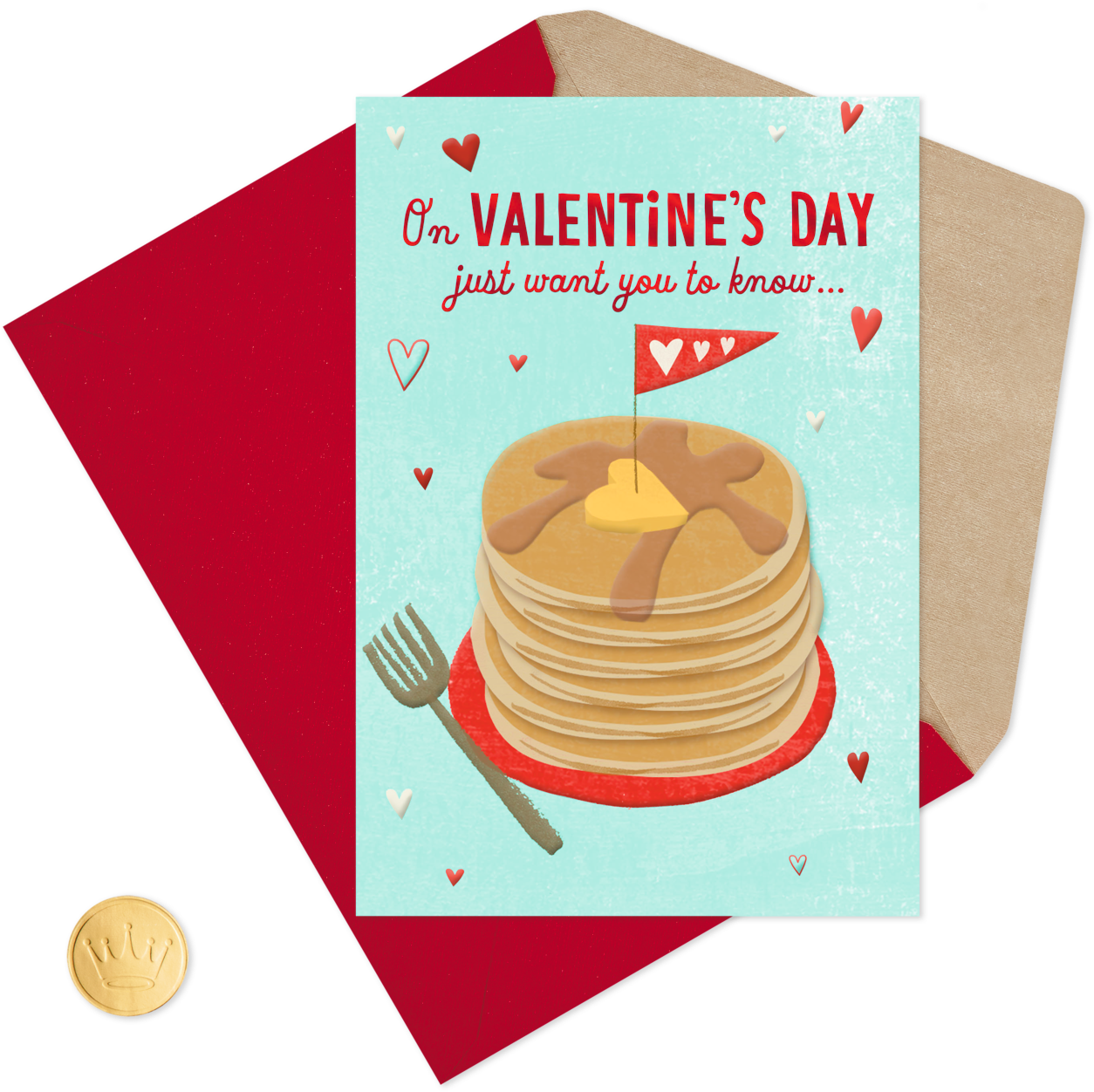 A Card With A Picture Of Pancakes And A Coin
