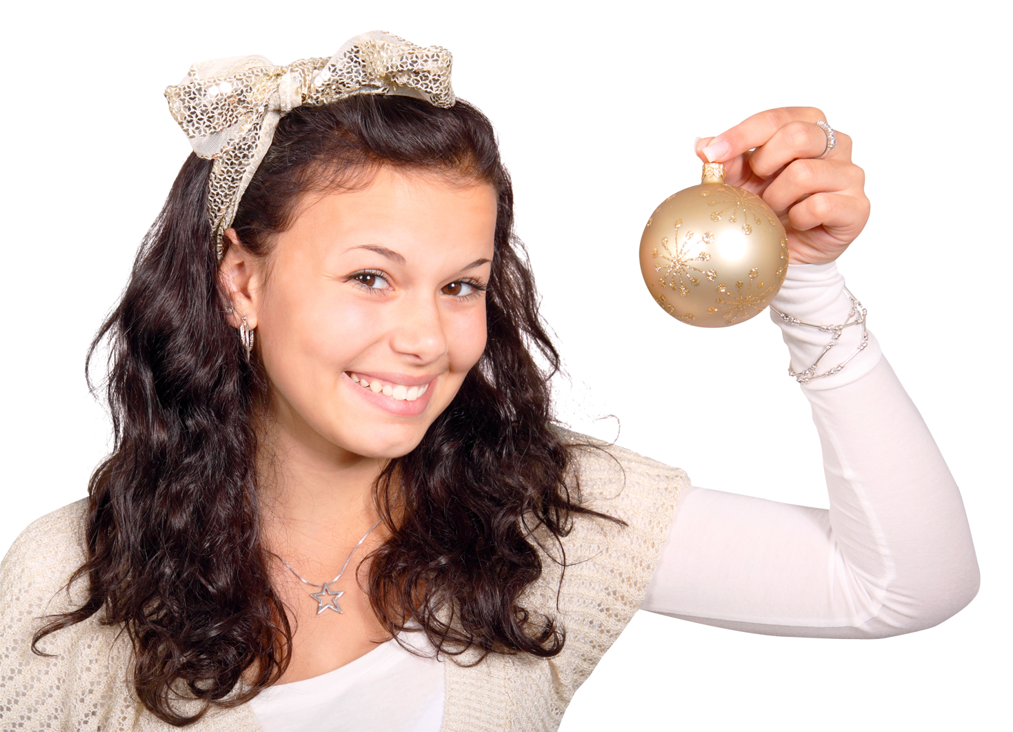 A Woman Holding A Gold Ornament