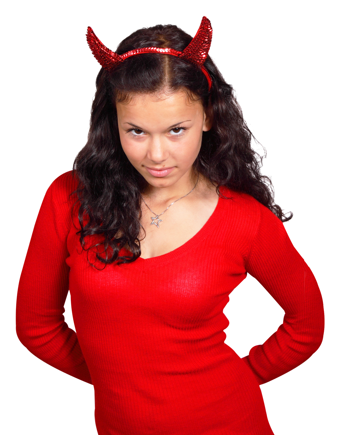 A Woman Wearing A Red Dress And Devil Horns