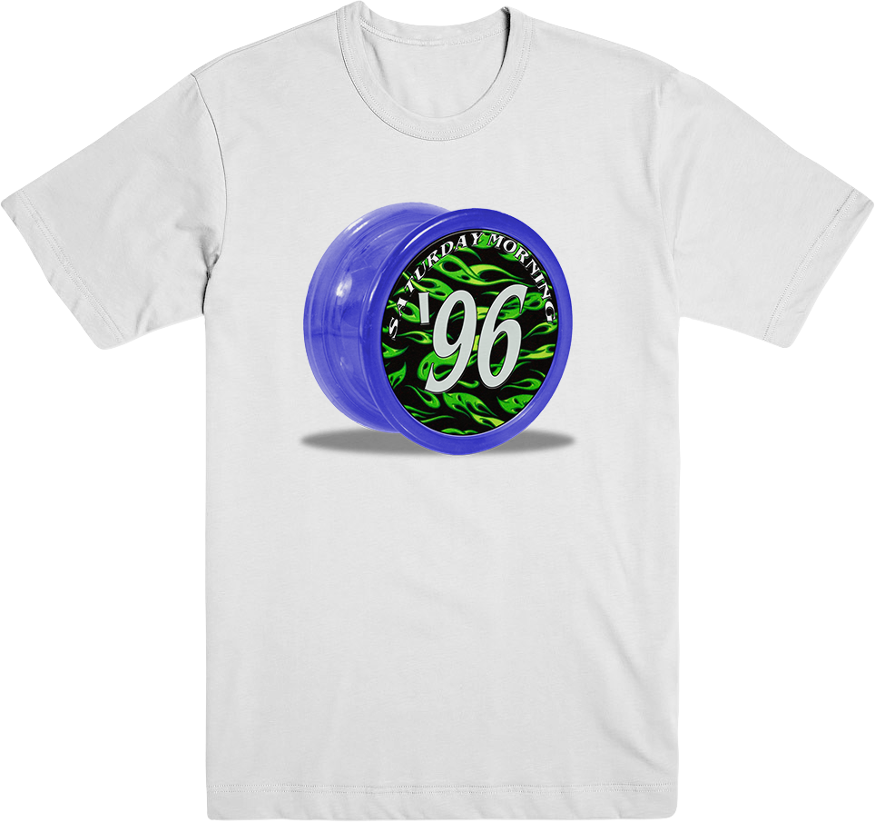 A White Shirt With A Blue Circle With Green Design